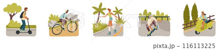 People using different eco-friendly transport vector illustration 116113225