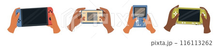 Person hands holding portable gamepad with digital screen set Person hands holding portable gamepad with digital screen set 116113262