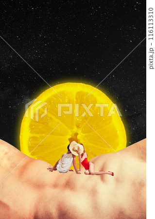 Poster. Contemporary art collage. Women and men lounging on giant human back as on beach against cosmic backdrop with lemon slice looks like sun. Poster. Contemporary art collage. Women and men lounging on giant human back as on beach against cosmic backdrop with lemon slice looks like sun. 116113310