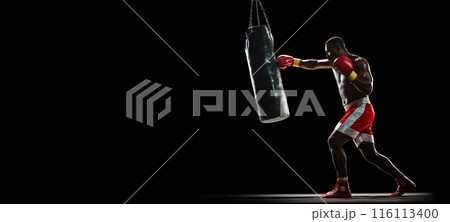 Muscular man, boxing athlete intensely training with punching bag, demonstrating strength and determination isolated on black background 116113400