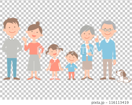 一家六口和他們的寵物並排的全身 116113419
