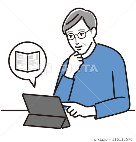 タブレットで新聞を読むシニア男性 116113570