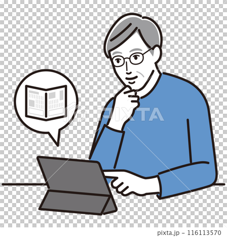 タブレットで新聞を読むシニア男性 116113570