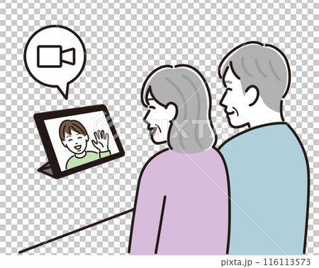 孫とビデオ通話する老夫婦 116113573
