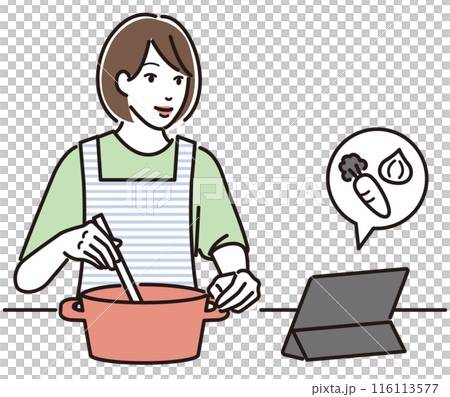 タブレットでレシピを見ながら料理する女性 116113577