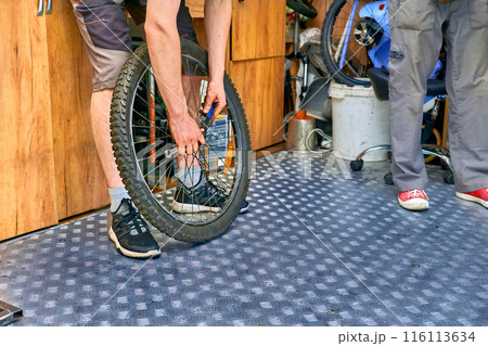 Bicycle repair. Master adjusts bicycle wheel 116113634