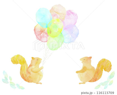 カラフルな風船の束をプレゼントするリスのイラスト。水彩イラストを使用した絵本のような可愛い背景素材。 116113709