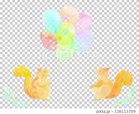 カラフルな風船の束をプレゼントするリスのイラスト。水彩イラストを使用した絵本のような可愛い背景素材。 116113709