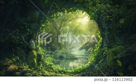 Sunlight shining through a gap in the forest,のイラスト Sunlight shining through a gap in the forest,のイラスト