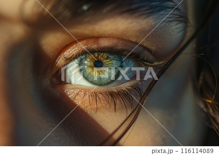 女性の鮮明な緑色の瞳のアップ 116114089