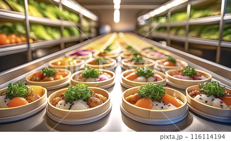 CG素材　食品加工工場で作られるお弁当のイメージ素材 116114194