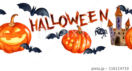 watercolor seamless border of Halloween theme with pumpkin, spider, bats, tower and lettering, hand drawn cartoon illustration of October event isolated on white background, for Halloween decoration 116114719