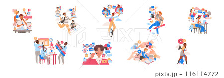 People Student Characters Learning Multitasking Switching Between Different Activities Vector Set 116114772