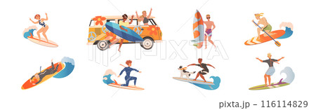 Happy Surfer Man and Woman Character Ride Ocean Wave Vector Set 116114829