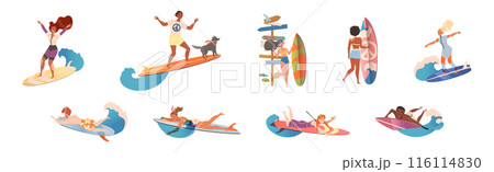 Happy Surfer Man and Woman Character Ride Ocean Wave Vector Set 116114830