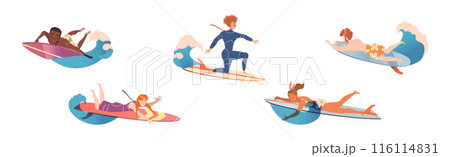 Happy Surfer Man and Woman Character Ride Ocean Wave Vector Set Happy Surfer Man and Woman Character Ride Ocean Wave Vector Set 116114831