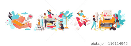 People Characters Working with Text Typewriting Vector Set 116114943