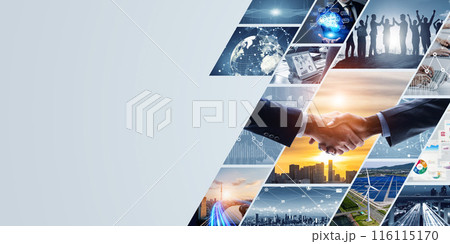 様々なビジネスシーンとテクノロジーイメージのコラージュビジュアル 116115170