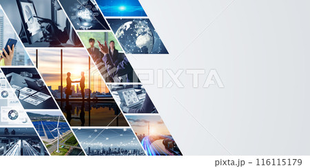 様々なビジネスシーンとテクノロジーイメージのコラージュビジュアル 116115179