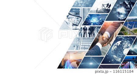 様々なビジネスシーンとテクノロジーイメージのコラージュビジュアル 116115184