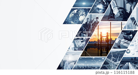 様々なビジネスシーンとテクノロジーイメージのコラージュビジュアル 116115188