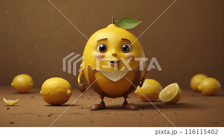 A cute, yellow lemon character with glasses and a smiling face, standing against a brown background 116115402
