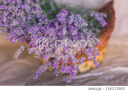 Basket with lavender flowers top view Basket with lavender flowers top view 116115803