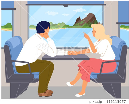 Happy loving couple cartoon characters traveling in train vector illustration 116115977