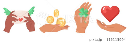 Human hands holding mail, coin, clover, heart set 116115994