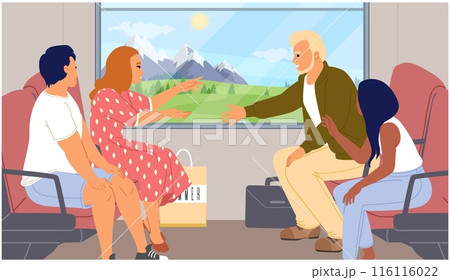 Happy friends traveling inside cabin in train vector illustration Happy friends traveling inside cabin in train vector illustration 116116022