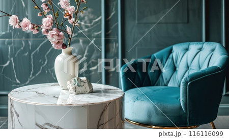 velvet armchair and marble table. 116116099