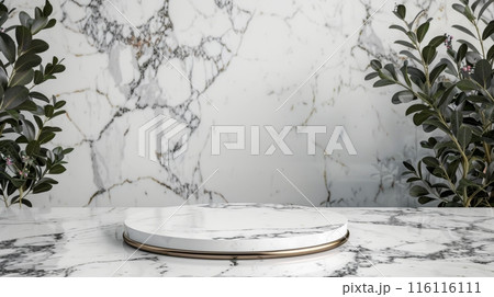 Empty marble podium for product display on gray background. top view 116116111