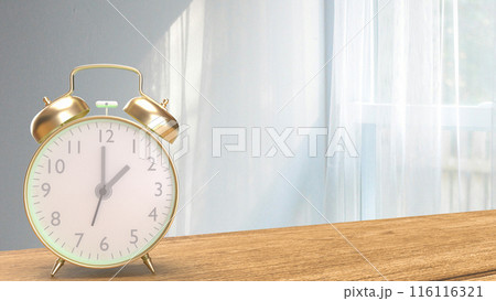 The clock on wood table in room image 3d rendering. 116116321