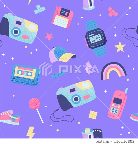 90s retro seamless pattern. Cute bright multicolor elements on purple background.. Vector illustration in trendy flat style 90s retro seamless pattern. Cute bright multicolor elements on purple background.. Vector illustration in trendy flat style 116116802