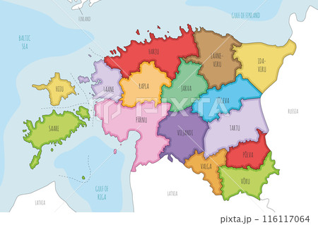 Vector illustrated regional map of Estonia with counties and administrative divisions, and neighbouring countries and territories. Editable and clearly labeled layers. Vector illustrated regional map of Estonia with counties and administrative divisions, and neighbouring countries and territories. Editable and clearly labeled layers. 116117064