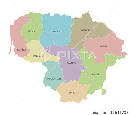 Vector regional map of Lithuania with counties and administrative divisions. Editable and clearly labeled layers. Vector regional map of Lithuania with counties and administrative divisions. Editable and clearly labeled layers. 116117085