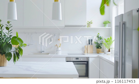 Modern Minimalist Kitchen with White Cabinets, Marble Countertops, and Indoor Plants. Modern Minimalist Kitchen with White Cabinets, Marble Countertops, and Indoor Plants. 116117453