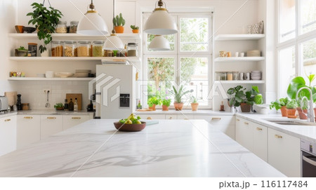 Bright and Airy Modern Kitchen with White Cabinets, Marble Countertops, and Indoor Plants. 116117484