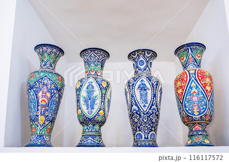 arabic Uzbek handmade ceramic vases with hand-painted traditional ethnic Oriental asian colorful patterns 116117572