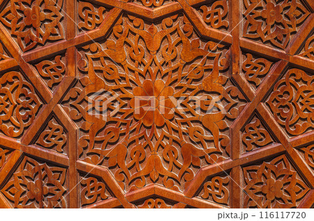 traditional Arabic Uzbek Islamic patterns arabesque ornament on an wooden carved door in Uzbekistan 116117720