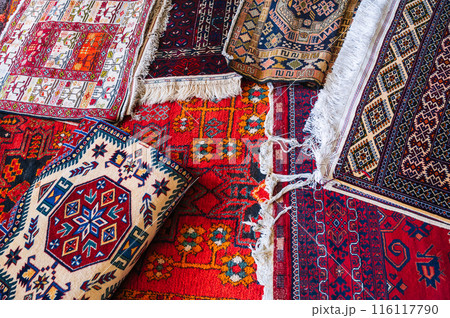 oriental Turkish handmade colorful carpets at bazaar in Turkey in Istanbul oriental Turkish handmade colorful carpets at bazaar in Turkey in Istanbul 116117790