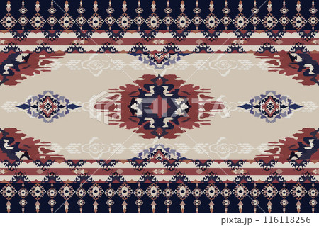 Ikat tribal Indian seamless pattern. Ethnic Aztec fabric carpet mandala ornament native boho chevron textile.Geometric African American oriental traditional vector illustrations. Embroidery style. 116118256