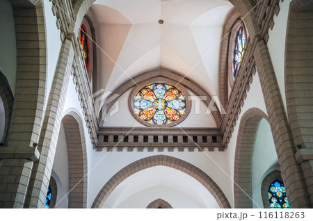 ceiling inside the Catholic church with mosaics on stained glass windows. Cathedral of Sacred Heart of Jesus in Tashkent in Uzbekistan ceiling inside the Catholic church with mosaics on stained glass windows. Cathedral of Sacred Heart of Jesus in Tashkent in Uzbekistan 116118263