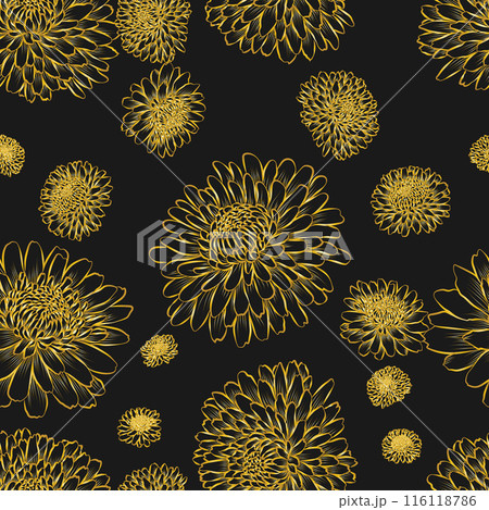 Black and gold abstract floral seamless pattern with classic design elements like continuous lines. Outline golden sketch of chrysanthemum flower suitable for fabric designs 116118786
