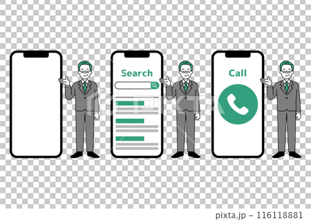 大型智慧型手機和西裝套裝中年男子 116118881