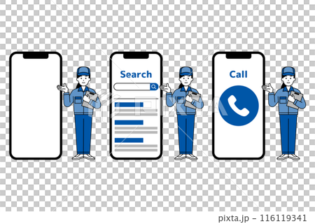 大きいスマートフォンと青い作業服の女性　セット 116119341