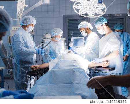 Medical Team Performing Surgical Operation in Bright Modern Operating Room Medical Team Performing Surgical Operation in Bright Modern Operating Room 116119381