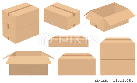 ダンボール箱のイラストセット　空のダンボール箱　梱包した段ボール箱　斜めから見た段ボール箱 116119596