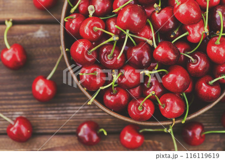 Ripe juicy berries cherries in a bowl. Freshly picked ripe cherries in a bowl 116119619