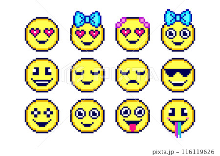 Set of emoticons in pixel art style on white background. 116119626